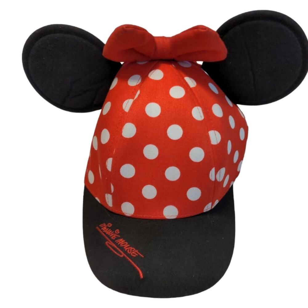 DISNEY Parks Red Black Minnie Mouse Ears Bow Polka Dot Baseball Hat Youth